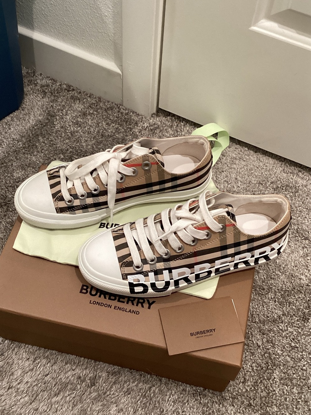 Burberry Tan Vintage Check Low-Top Sneakers with White Soles